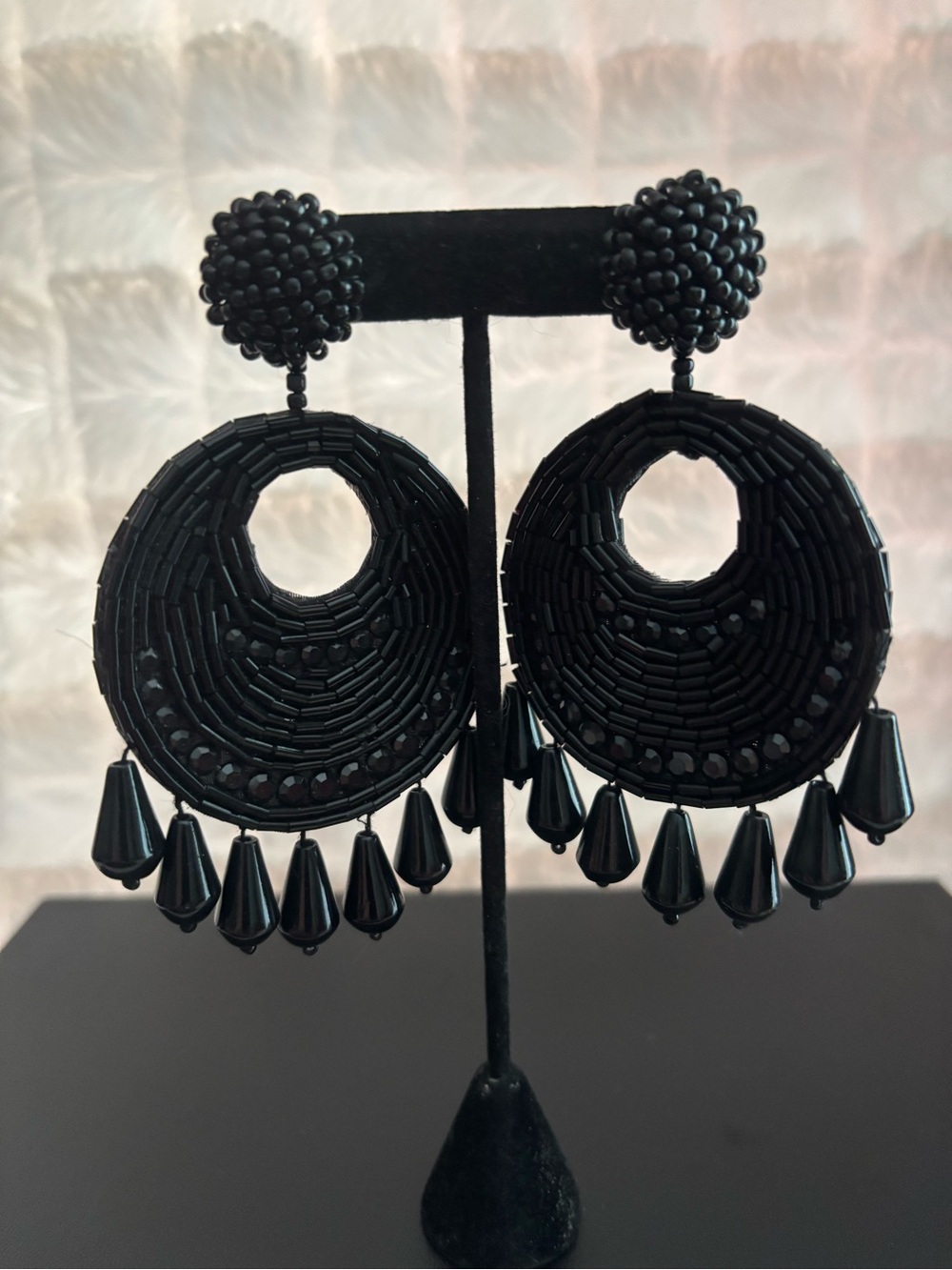 Kenneth Jay Lane Black Beaded Hoop Drop Earrings